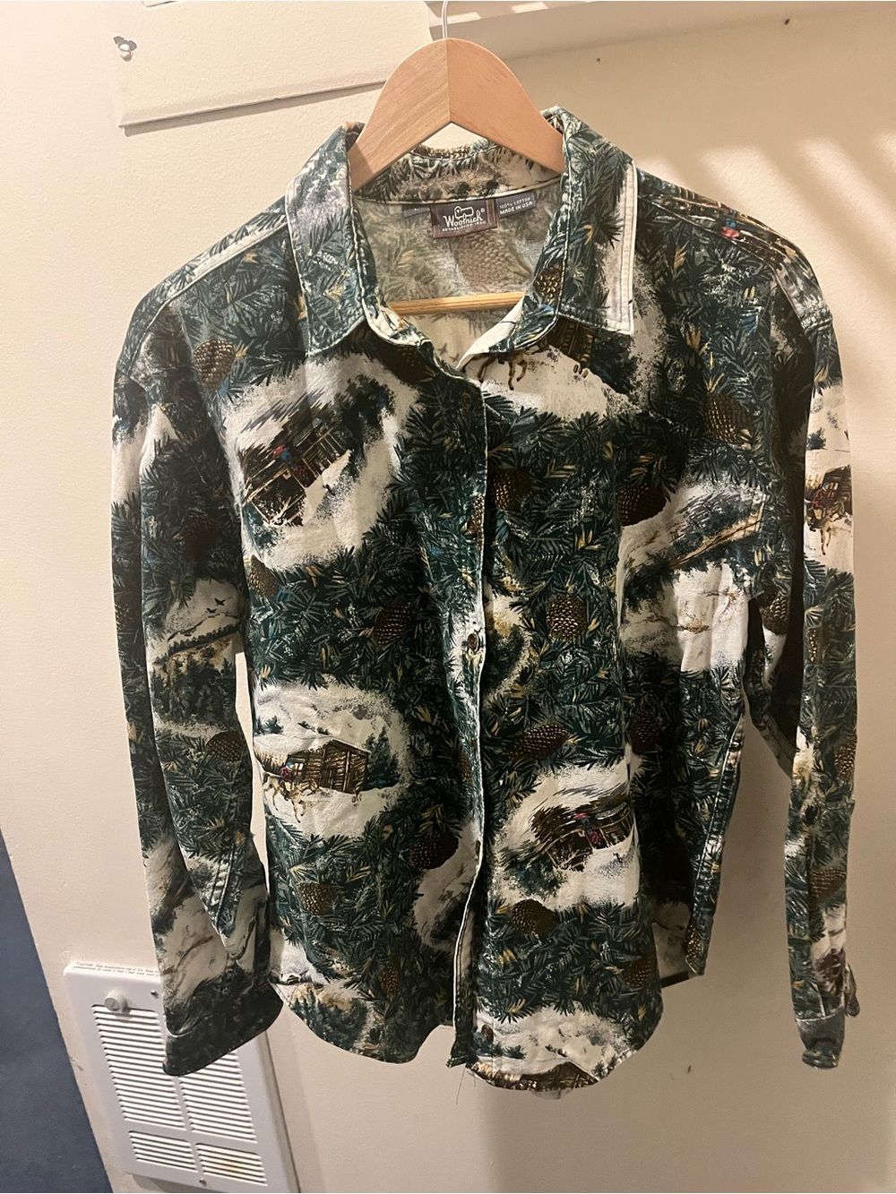 Woolrich Green, White and Brown Cabin-Print Button Down Top